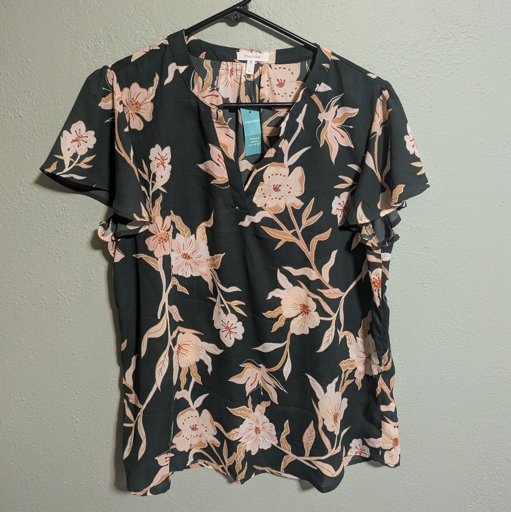 NWT MAURICES GREEN FLORAL DRESSY BLOUSE | LARGE